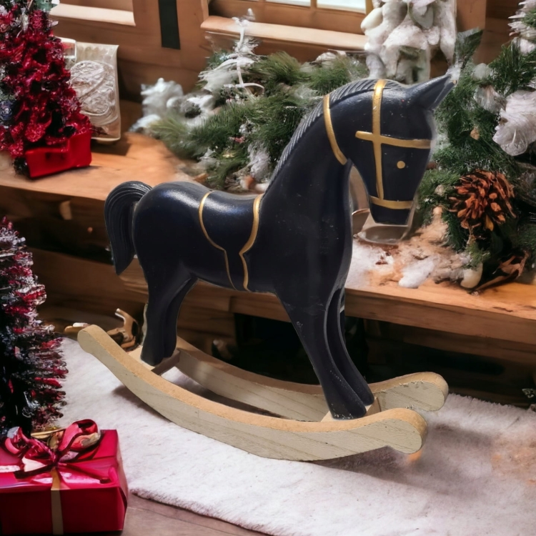 Vintage-drewniany-koń-na-biegunach-czarno-złoty-duży