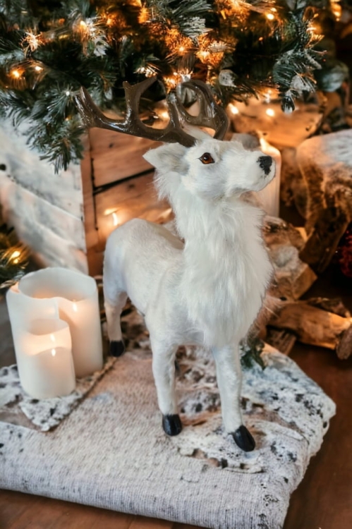 Figurka-Renifer-Jeleń-Rogacz-Świąteczna-Dekoracja-29-cm-biały-futerko
