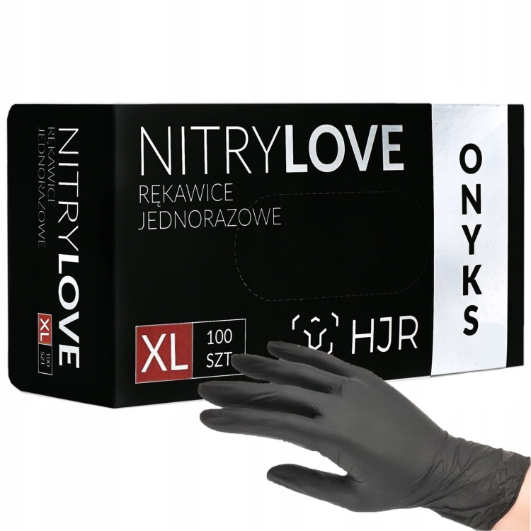 Czarne rękawice nitrylowe ONYKS XL – 100 sztuk – bezpudrowe, jednorazowe, idealne do salonów kosmetycznych, gastronomii i medycyny | Allmaxxx
