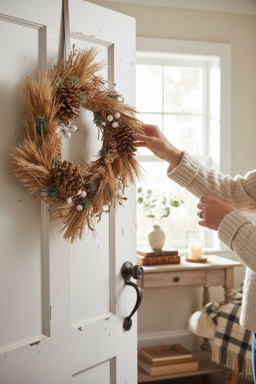 Wianek-świąteczny-na-stół-drzwi-złoty-40-cm–ozdoba-świąteczna-stroik-bożonarodzeniowy-białe-jarzębiny-rustykalny