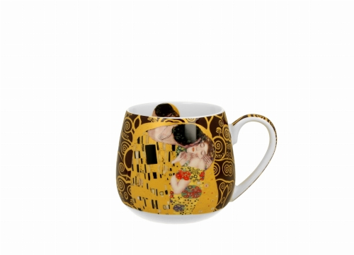 Motyw „Pocałunek” Klimta na porcelanowym kubku 430 ml – detal dekoracji kubka THE KISS BROWN