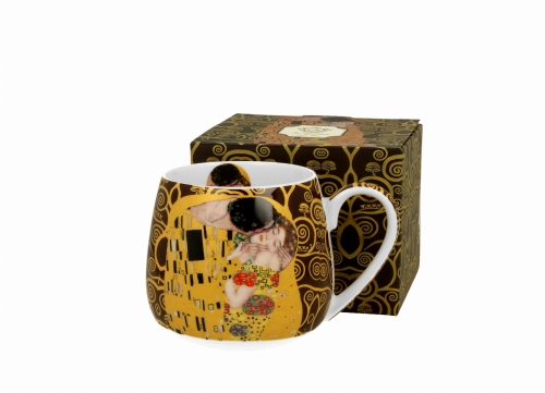 Porcelanowy kubek baryłka 430 ml z motywem „Pocałunek” Gustava Klimta – elegancki kubek THE KISS BROWN, idealny na prezent