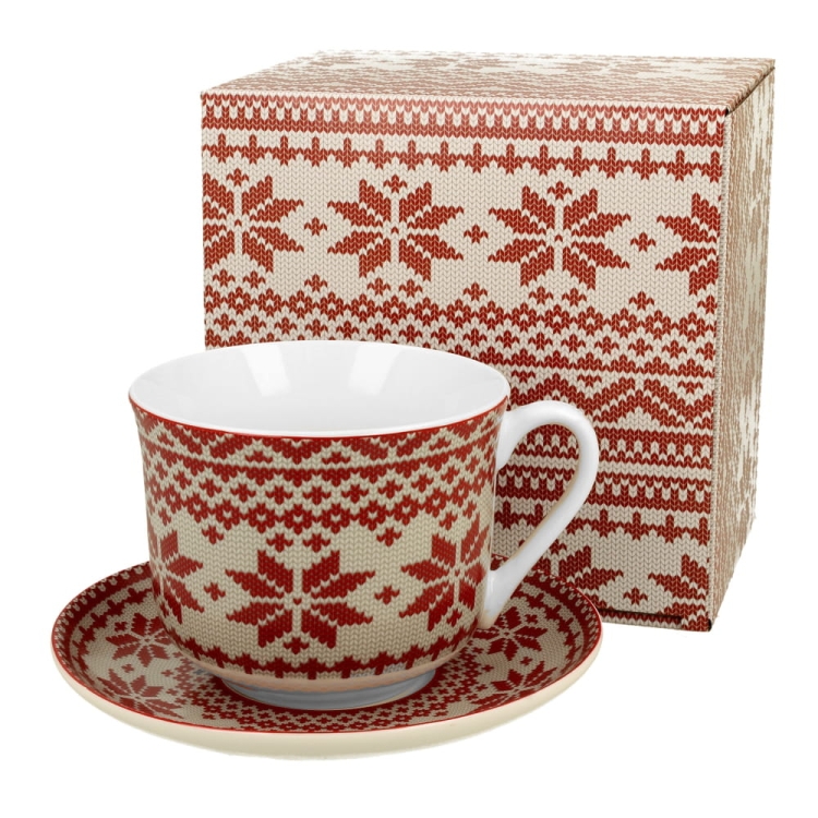 Filiżanka-do-kawy-ze-spodkiem-jumbo-porcelana-świąteczna-450-ml-wełniany-SWETEREK-CZERWONY-norweski-motyw